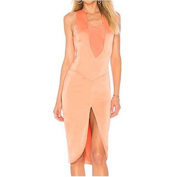 NEW NBD KIMMY‎ SATIN PLUNGE Midi Dress WOMENS XS SHERBERT Revolve - Picture 1 of 14